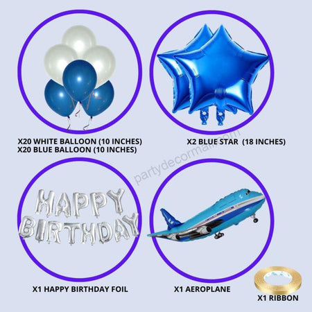 Aeroplane Foil Balloons With Happy Birthday Foil with Blue Star and White ,Blue Balloons, Birthday Theme Party Decoration (45 Pcs)