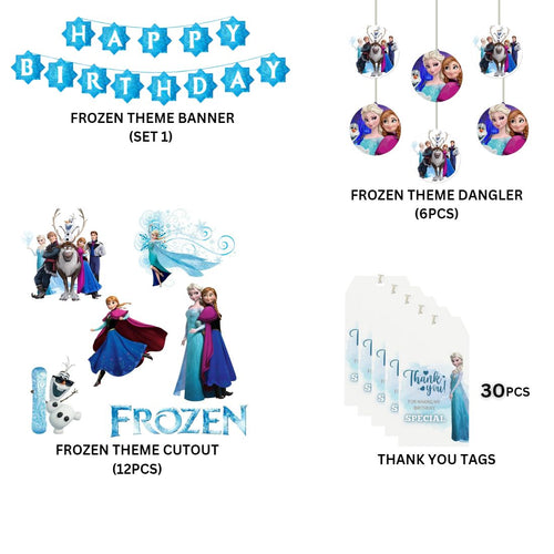 Load image into Gallery viewer, Frozen Wonderland Birthday Party Decorations - Banner, Cutouts, Favor Tags, Danglers (6 inches/250 GSM Cardstock/Mixcolour/61Pcs)

