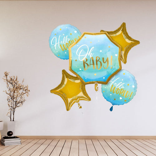 Load image into Gallery viewer, Oh Baby Blue Foil Balloon Hello World Welcome New Born Baby Decorative Foil Balloon Set of 5
