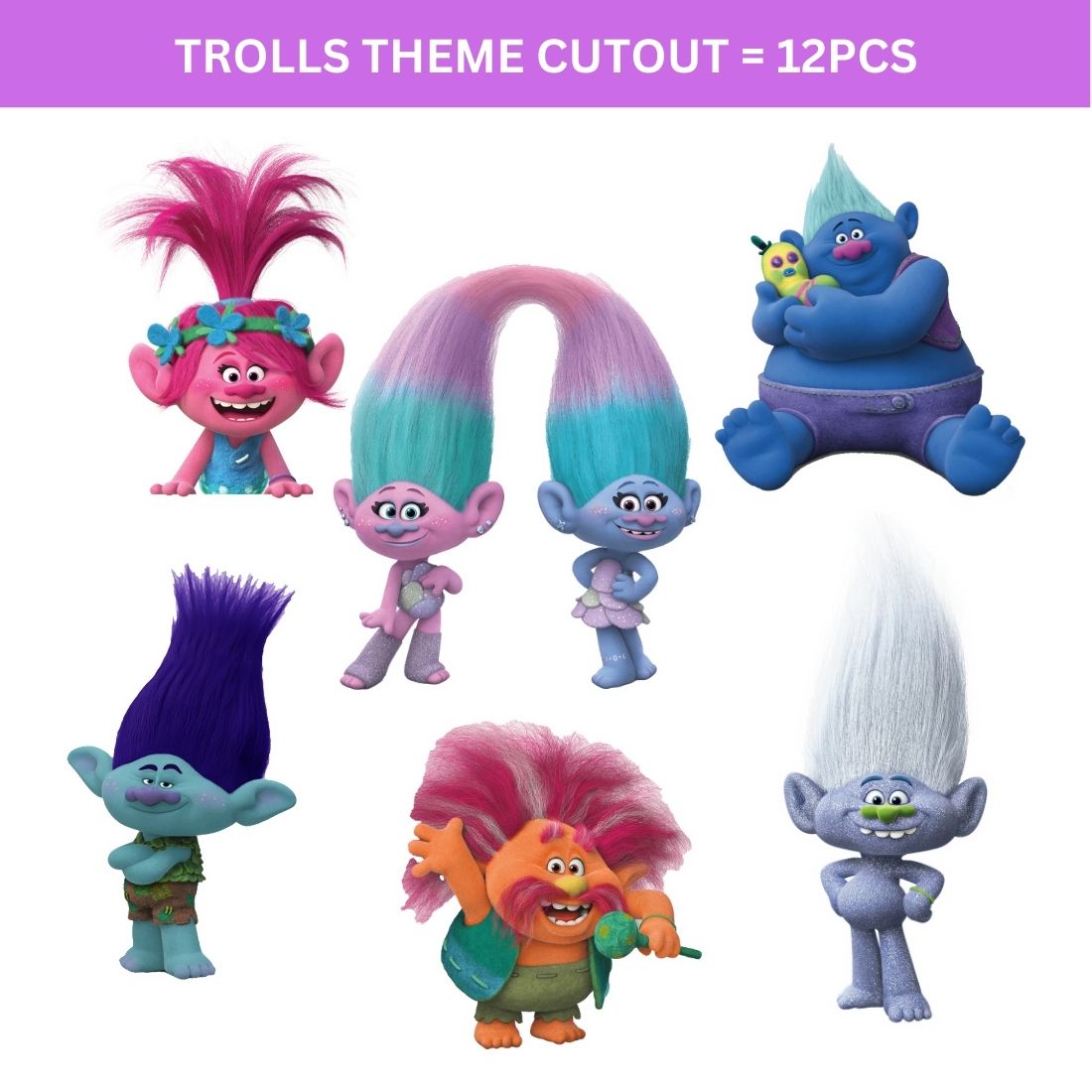 Trolls Theme Cutout (6 inches/250 GSM Cardstock/Mixcolour/12Pcs)