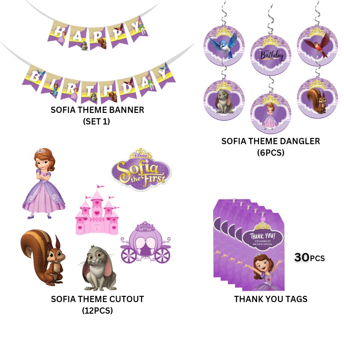 Enchanting Sofia Theme Birthday Party Decorations - Banner, Cutouts, Favor Tags, Danglers (6 inches/250 GSM Cardstock/Mixcolour/61Pcs)