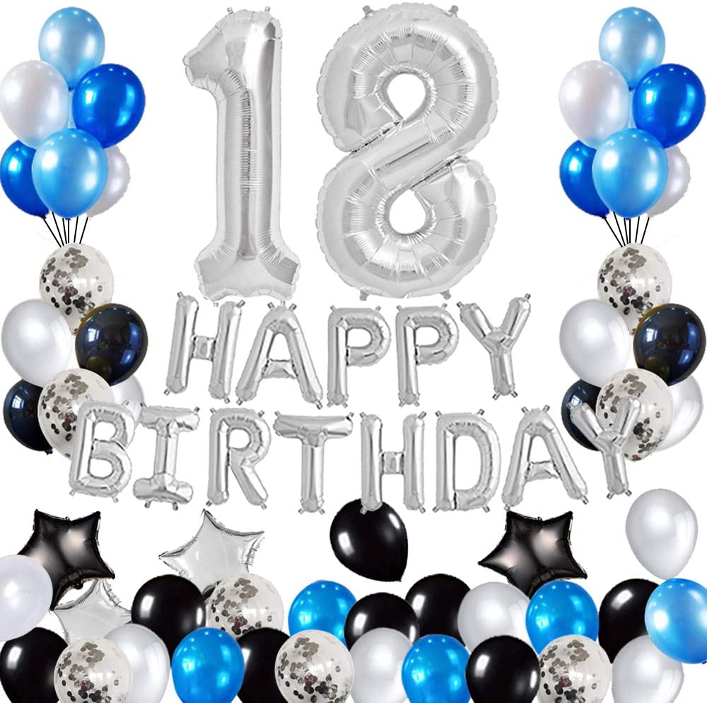 18Th Birthday Decorations Kit: Foil ” Happy Birthday” Banner, Foil Balloons Number 18 And Star Shape Balloons ,Latex Balloons Silver And Blue