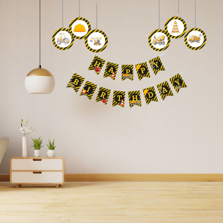 Construction Theme Birthday Party Decorations - Banner,& Dangler (6 Inches/250 GSM Cardstock/Mixcolour/19Pcs)