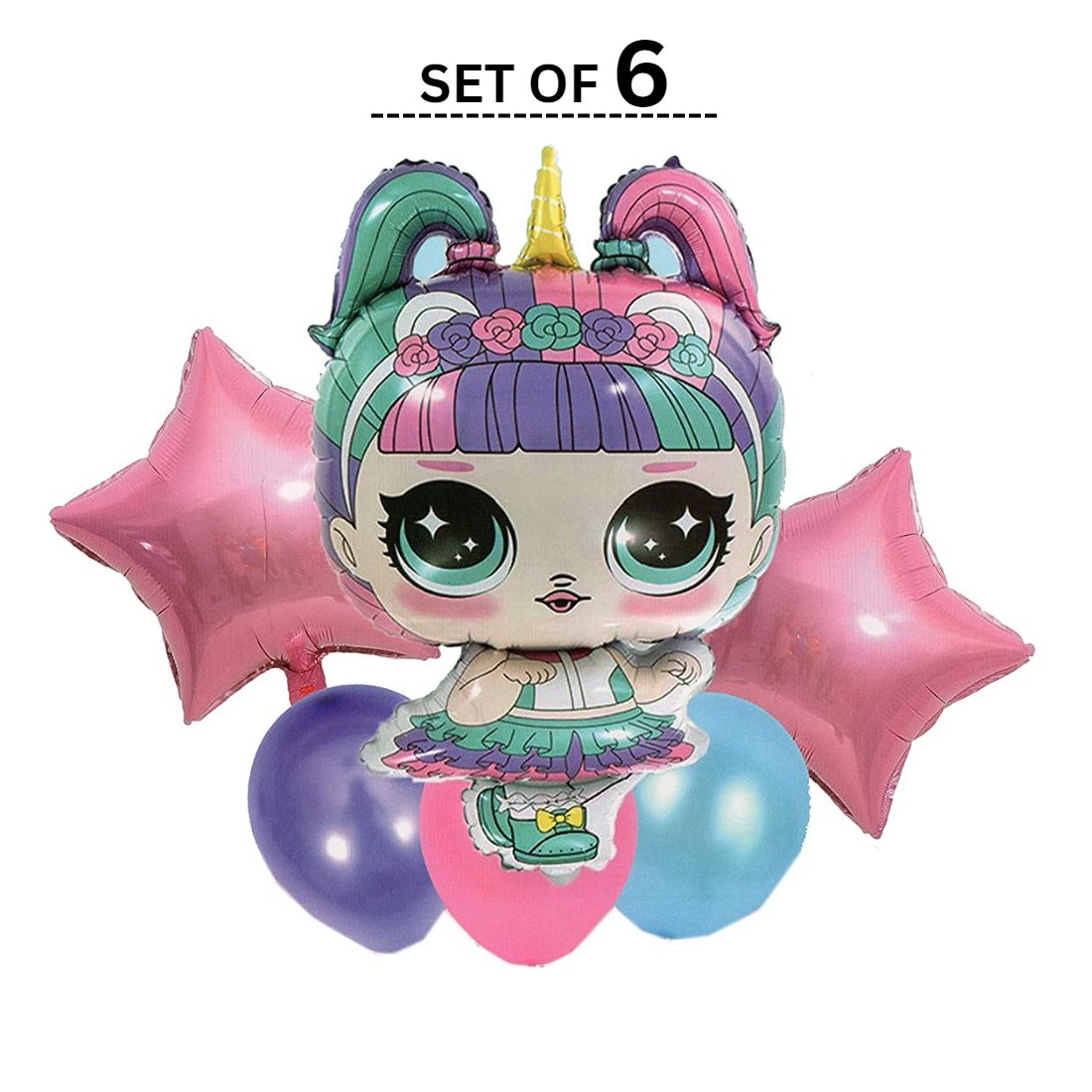 Lol Doll Cartoon Theme Foil Balloon 6 pc Set For Birthday Decoration Pink