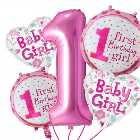 1st Birthday Girl Foil Balloon (Pack of 5-Pink)