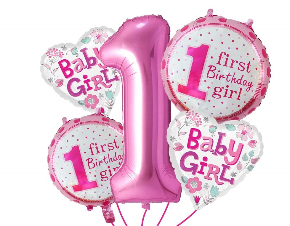 1st Birthday Girl Foil Balloon (Pack of 5-Pink)