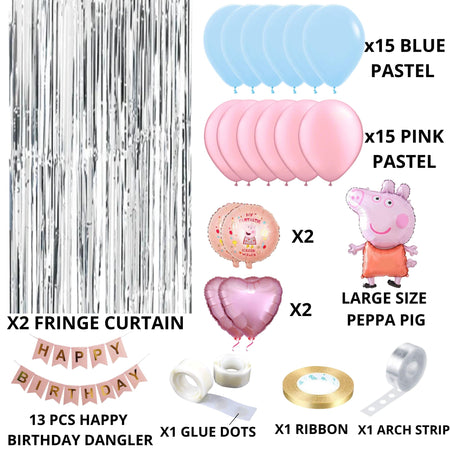 40Pcs Peppa Pig Theme Birthday Decoration  for Baby Kids Girls Boys, Peppa Pig Foil Balloon & Banner, Pastel Pink & Blue Balloons, Silver Curtains