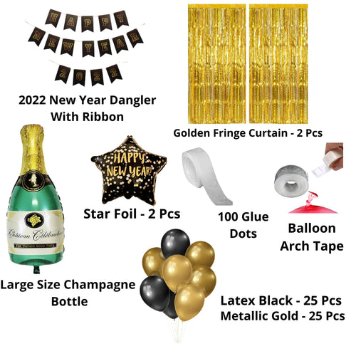 Load image into Gallery viewer, Happy New Year Banner for Decorations 2023 – Black and Gold Letters Banner, Golden Foil Curtain &amp; Large Size Champagne and Latex Balloons (58 pcs )

