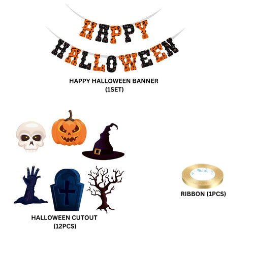 Load image into Gallery viewer, Halloween Banner and Cutout - ( 26 Pcs) Material-Cardstock (6 inches/250 GSM Cardstock/Orange, Black, White, Blue, Brown)
