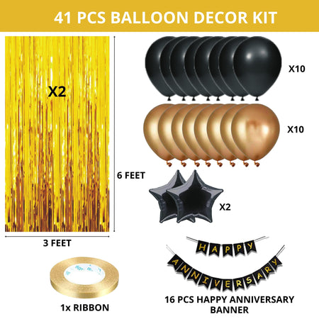 41PCS Happy Anniversary Black & Gold Balloon Decor Kit