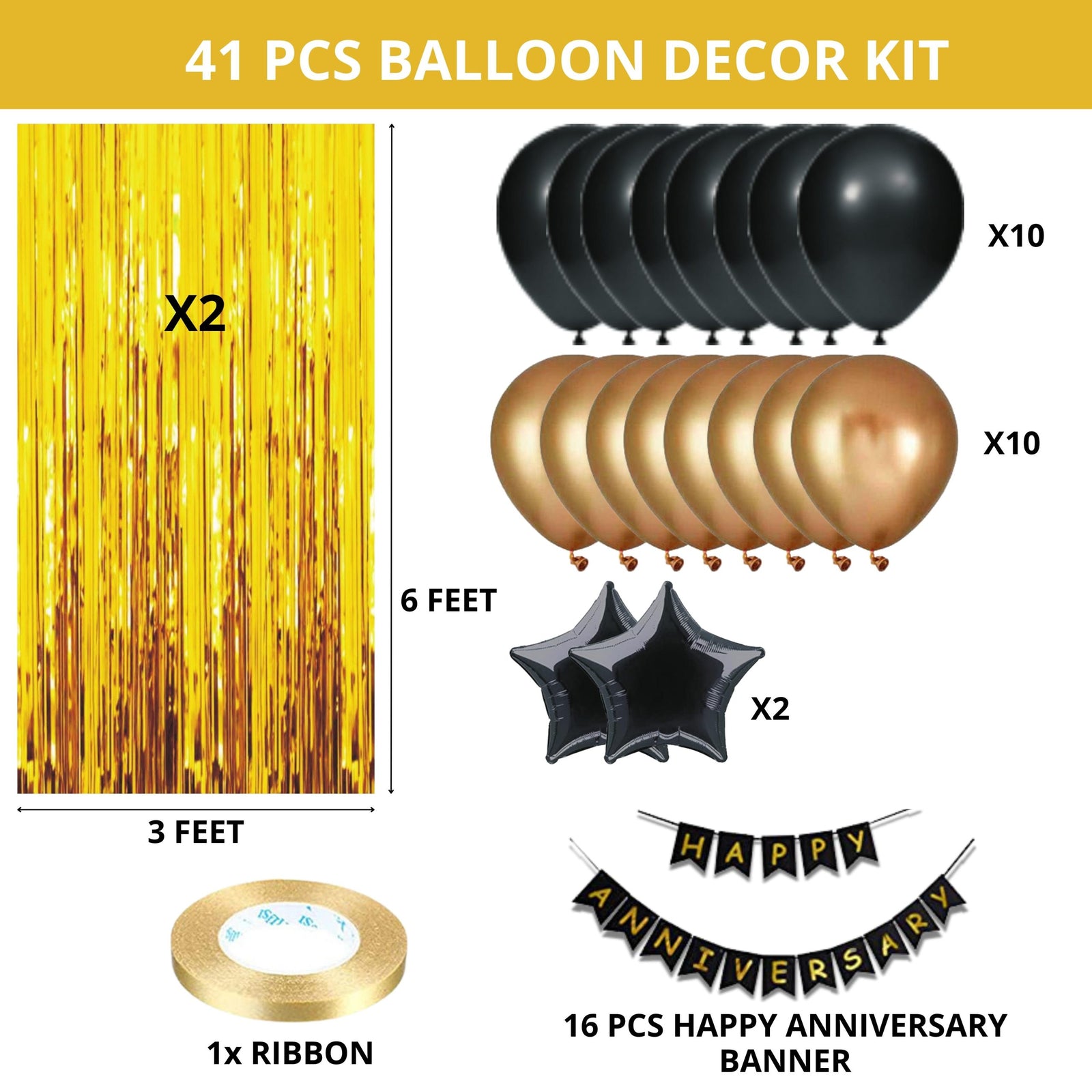 41PCS Happy Anniversary Black & Gold Balloon Decor Kit