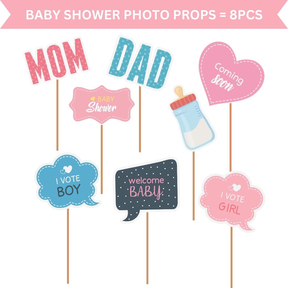 Baby Shower Photo Props - Capture the Joy! (8 inches/250 GSM Cardstock/Mixcolour/8Pcs)