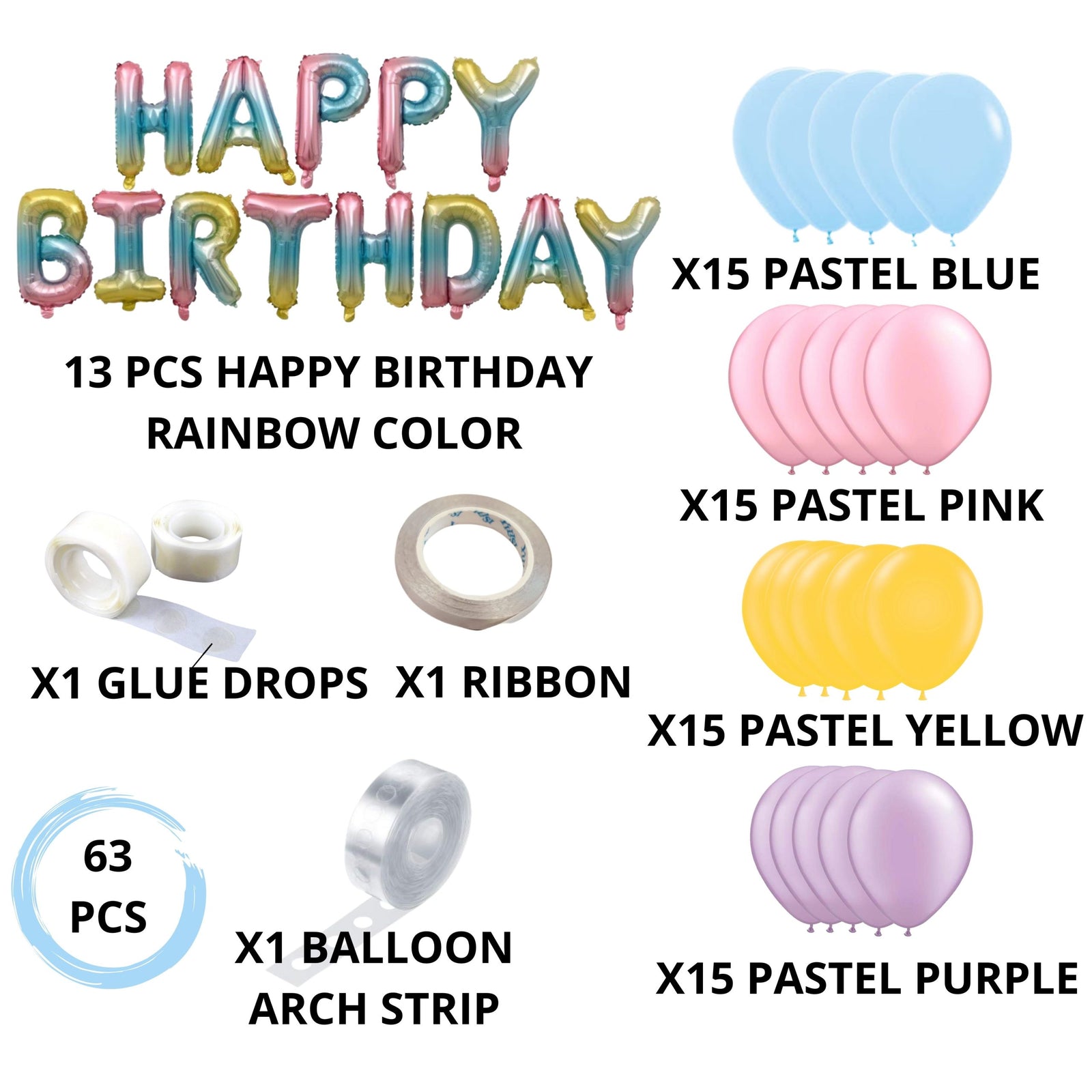 Happy Birthday Rainbow Theme Balloons Set of 63 Pcs