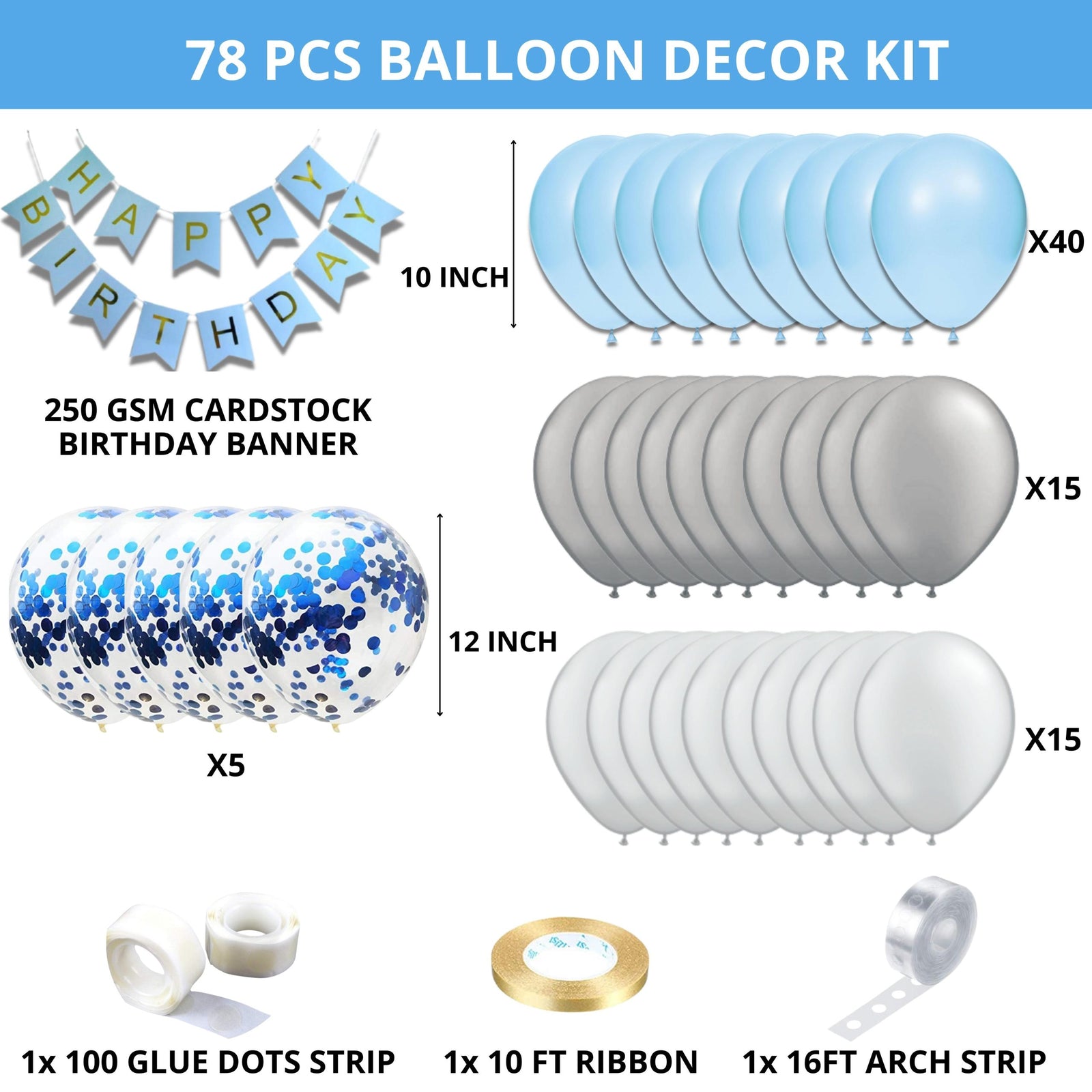 78Pcs DIY Happy Birthday Kit - White, Silver &amp; Blue Pastel Balloon, Silver Confetti Balloon &amp; Blue Happy Birthday Banner