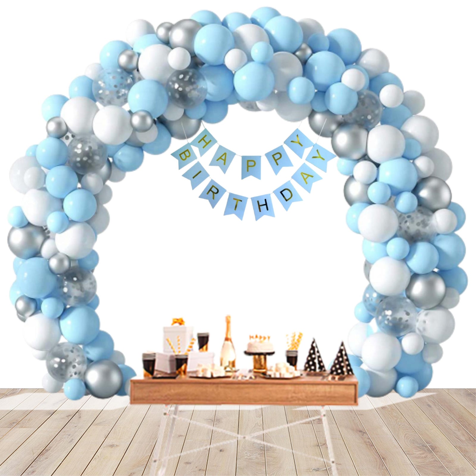 78Pcs DIY Happy Birthday Kit - White, Silver &amp; Blue Pastel Balloon, Silver Confetti Balloon &amp; Blue Happy Birthday Banner