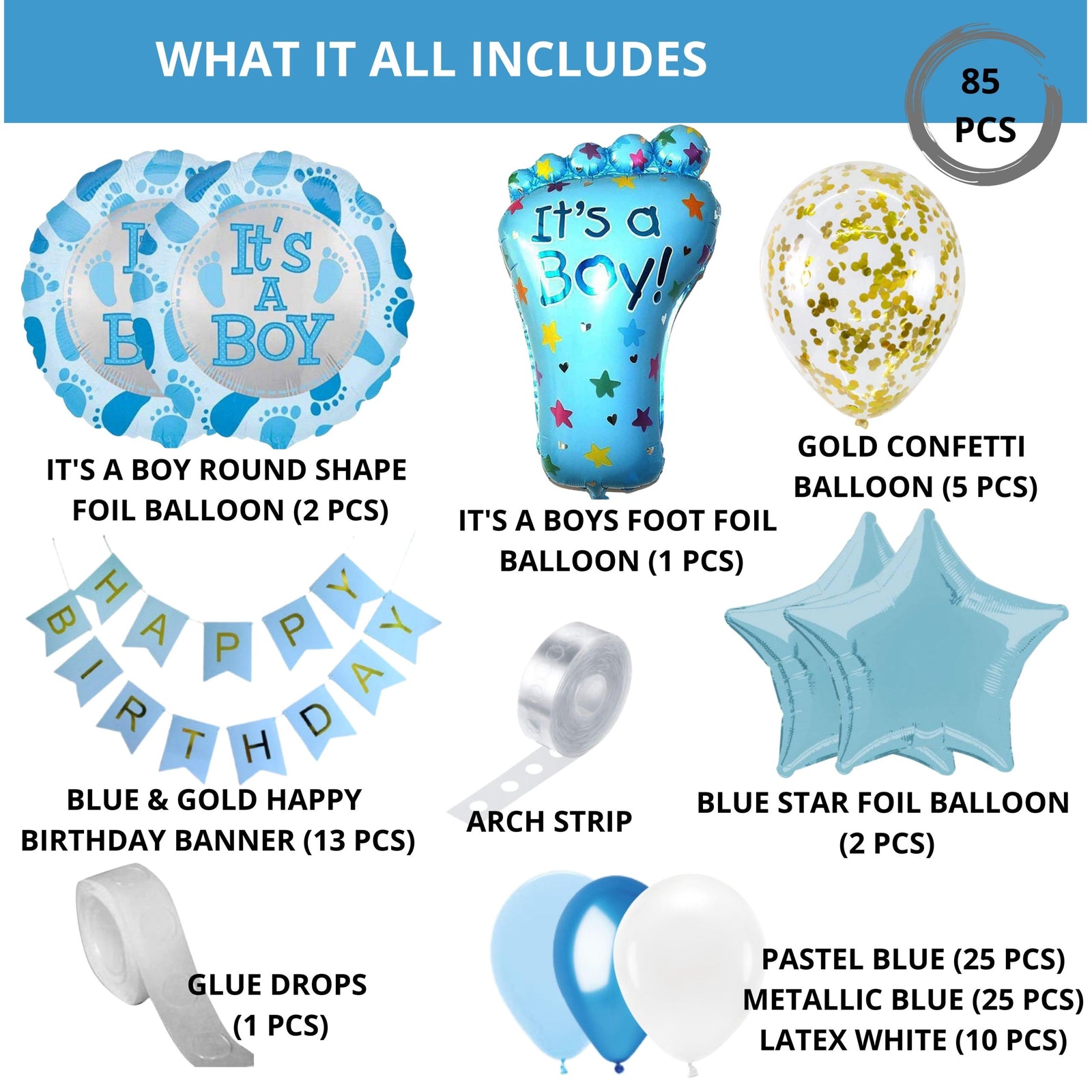 Birthday Decoration kit for 1st Birthday Boys-85 Pcs Bday With Blue Banner, Blue Star, Balloons, Foil Balloons, 1st Birthday For Kids