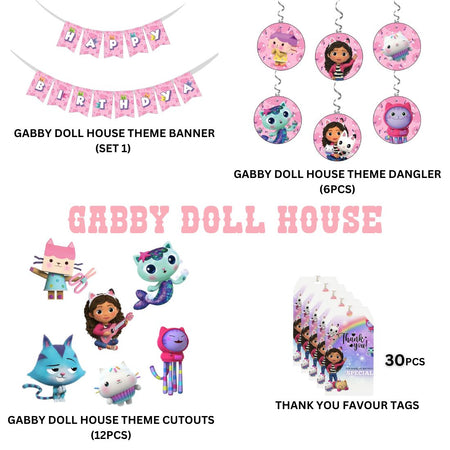 Gabby Doll House Theme Birthday Party Decorations - Banner, Cutouts, Favor Tags, Danglers (6 inches/250 GSM Cardstock/Mixcolour/61Pcs)