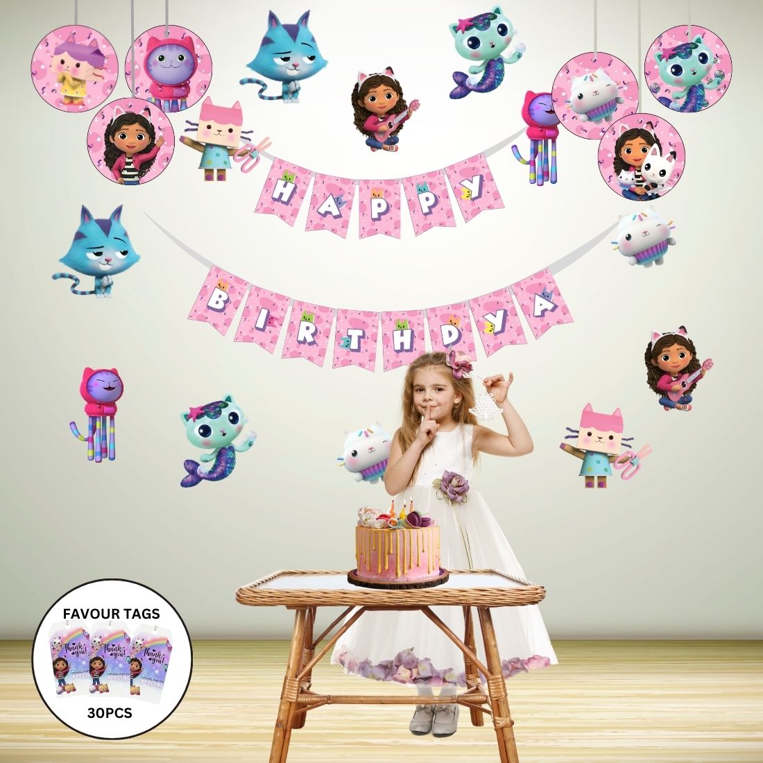 Gabby Doll House Theme Birthday Party Decorations - Banner, Cutouts, Favor Tags, Danglers (6 inches/250 GSM Cardstock/Mixcolour/61Pcs)