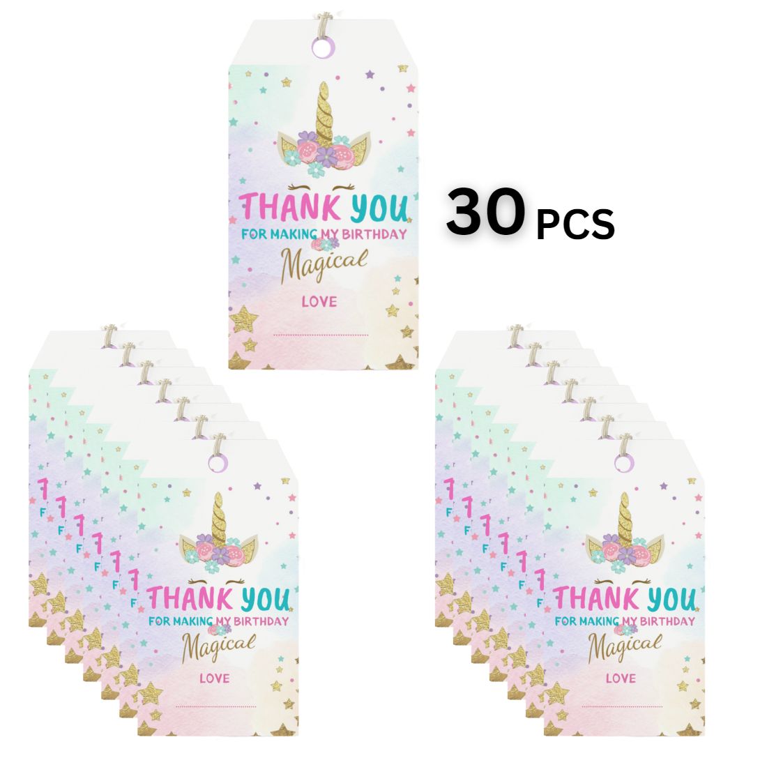 Unicorn Theme Birthday Favour Tags - Model 1 (2 x 3.5 inches/250 GSM Cardstock/Multicolour/30Pcs)