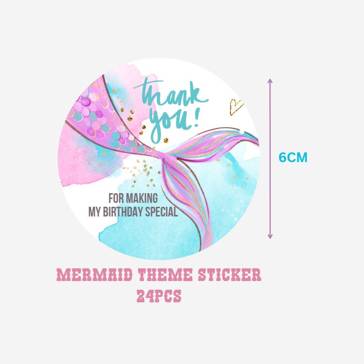Mermaid Theme- Return Gift/birthday decor Thankyou Sticker (6 CM/Sticker/Multicolour/24Pcs)