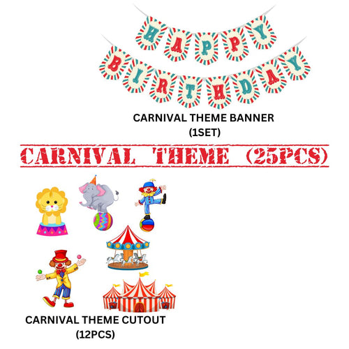 Load image into Gallery viewer, Carnival Theme Birthday Party Decorations - Banner,&amp; Cutout (6 Inches/250 GSM Cardstock/Mixcolour/25Pcs)
