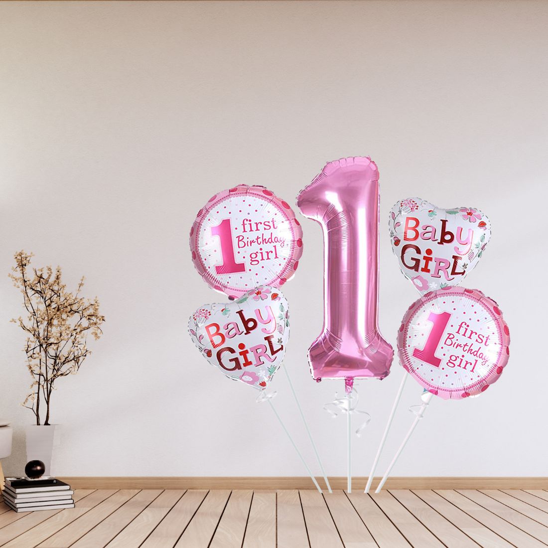 1st Birthday Girl Foil Balloon (Pack of 5-Pink)