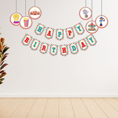 Load image into Gallery viewer, Carnival Theme Birthday Party Decorations - Banner,&amp; Dangler (6 Inches/250 GSM Cardstock/Mixcolour/19Pcs)
