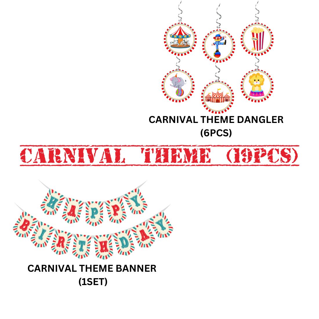 Carnival Theme Birthday Party Decorations - Banner,& Dangler (6 Inches/250 GSM Cardstock/Mixcolour/19Pcs)