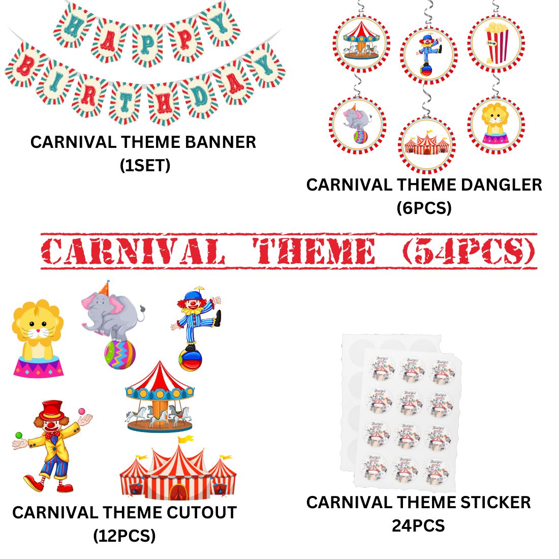 Carnival Theme Birthday Party Decorations - Banner, Cutouts, Thank You Sticker, Danglers (6 inches/250 GSM Cardstock/Mixcolour/55Pcs)