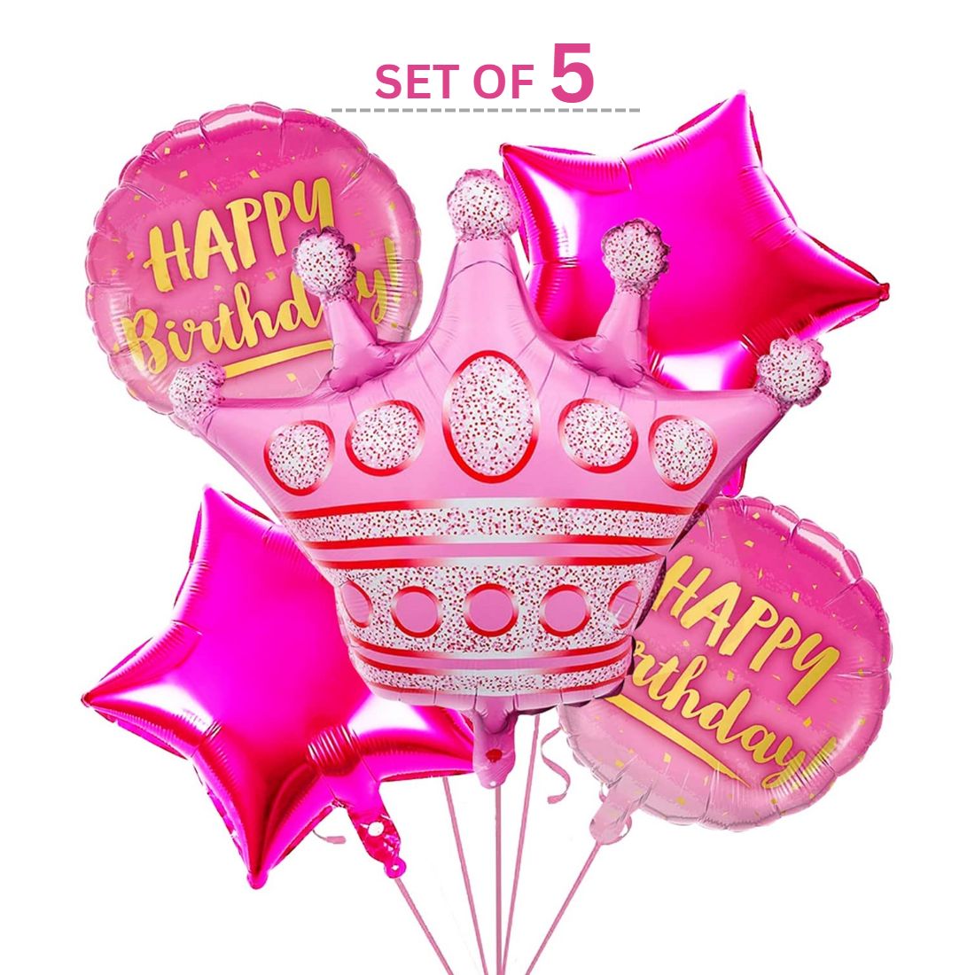 Pink Girls Princess Crown Foil Balloons Set for Girls Theme Birthday Party (set of 5)