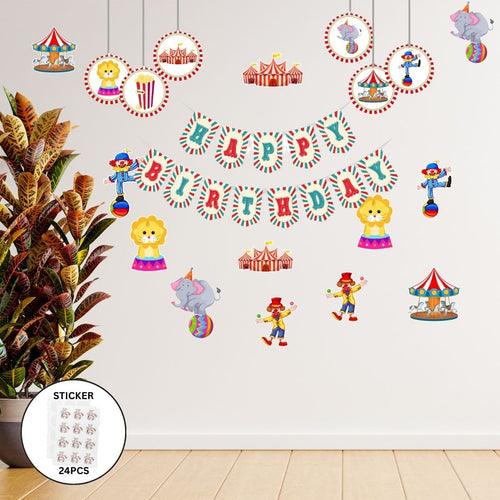 Load image into Gallery viewer, Carnival Theme Birthday Party Decorations - Banner, Cutouts, Thank You Sticker, Danglers (6 inches/250 GSM Cardstock/Mixcolour/55Pcs)
