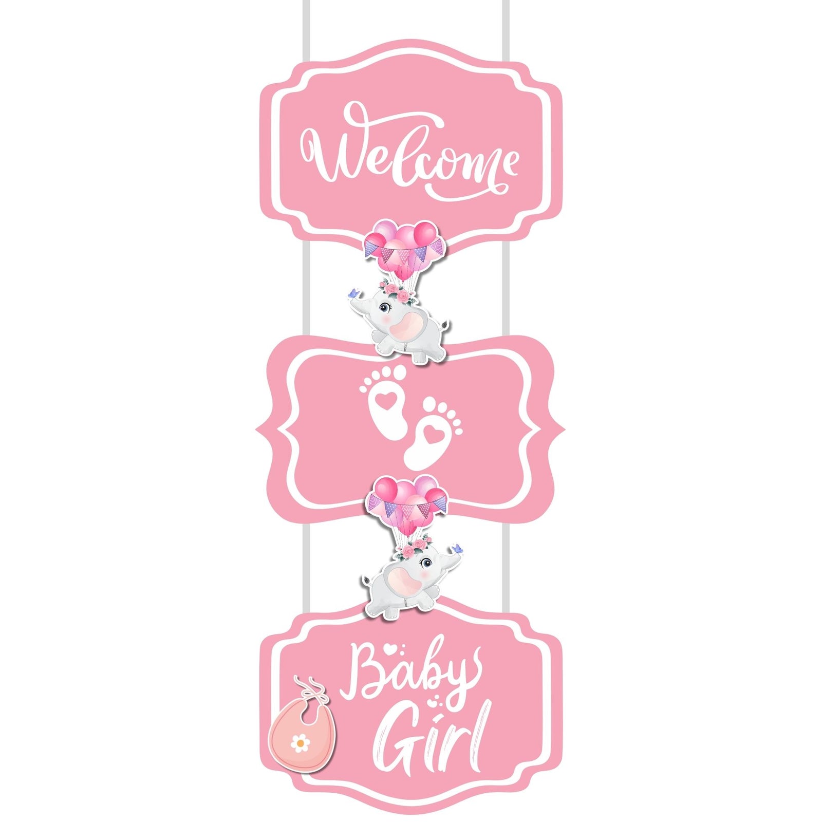 Welcome Baby Girl Door/Wall Hanging Dangler- (32 Inches/250 GSM Cardstock/Pink & White/7Pcs)