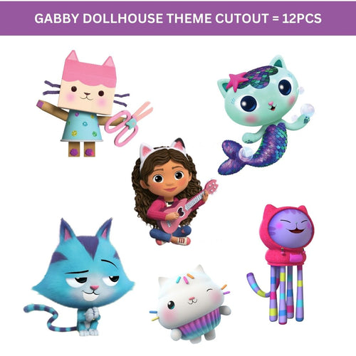 Load image into Gallery viewer, Gabby Doll House Theme Birthday Party Decorations - Banner, Cutouts, Favor Tags, Danglers (6 inches/250 GSM Cardstock/Mixcolour/61Pcs)
