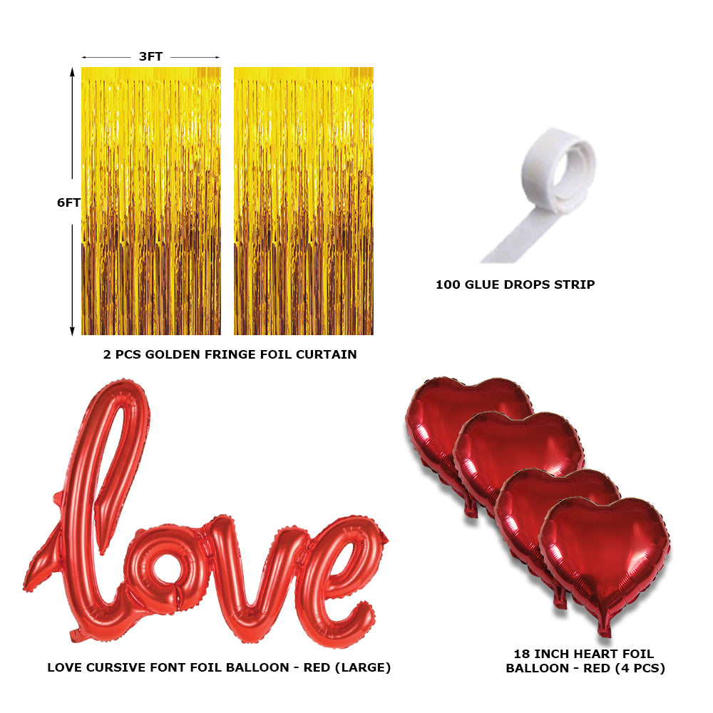 8 Pcs Golden Fringe - Red Love Foil Balloon &amp; Heart Balloon Combo