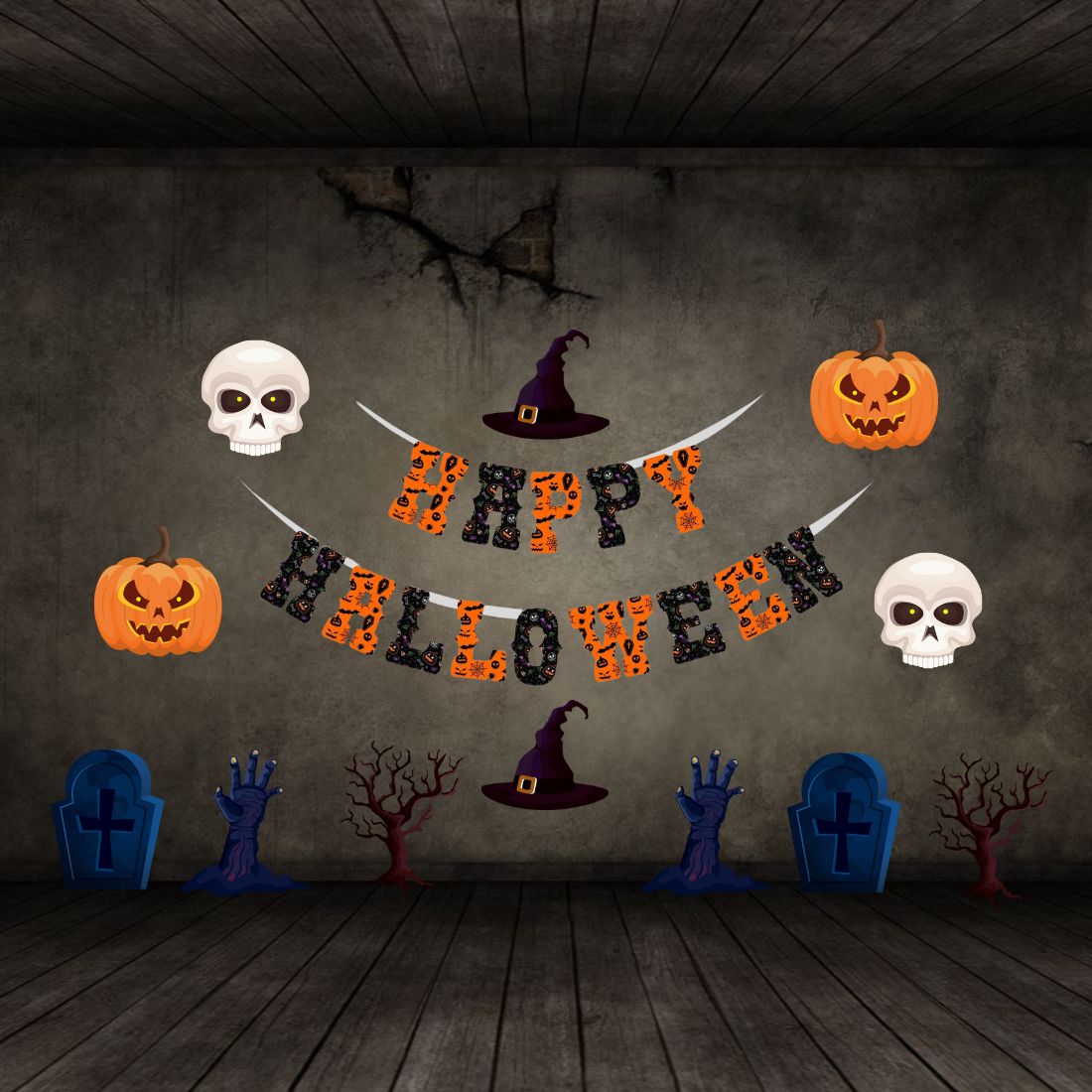 Halloween Banner and Cutout - ( 26 Pcs) Material-Cardstock (6 inches/250 GSM Cardstock/Orange, Black, White, Blue, Brown)