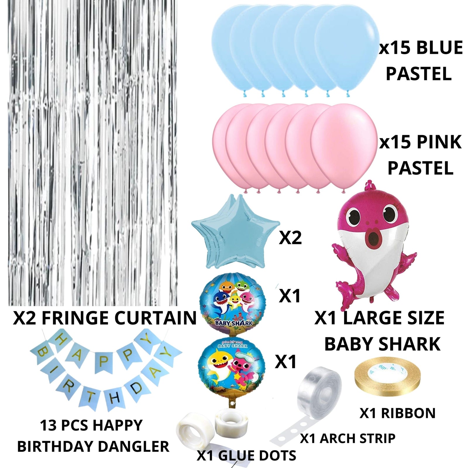 40Pcs Baby Shark Theme Birthday Decoration for Kids Girls Boys, Baby Shark Foil Balloon & Banner, Pastel Pink & Pastel Blue Balloons, Silver Curtains