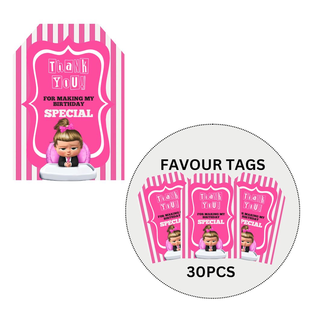 Boss Baby Girl Adventure Birthday Party Decorations - Banner, Cutouts, Favor Tags, Danglers (6 inches/250 GSM Cardstock/Mixcolour/61Pcs)