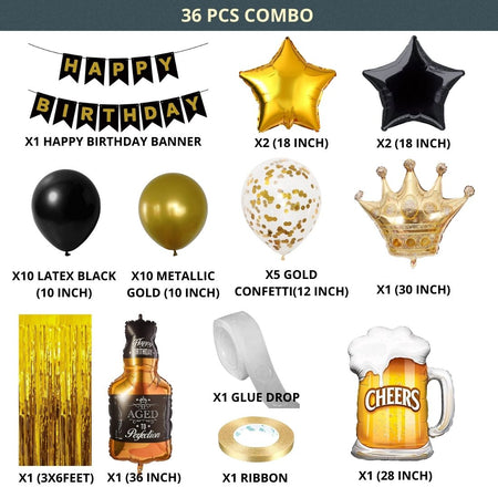 36Pcs Balloons Decorations Kit, Age Perfect, Cheers Mug Foil Balloon, Crown Foil, Star Foil, Metallic Balloons With Gold Curtain