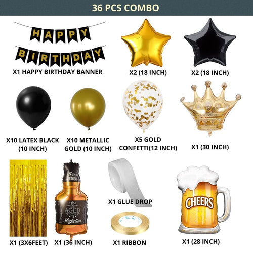 Load image into Gallery viewer, 36Pcs Balloons Decorations Kit, Age Perfect, Cheers Mug Foil Balloon, Crown Foil, Star Foil, Metallic Balloons With Gold Curtain
