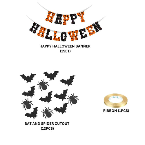 Load image into Gallery viewer, Halloween Banner and Bat ,Spider Cutout - ( 26 Pcs) Material-Cardstock (6 inches/250 GSM Cardstock/Black , Orange)
