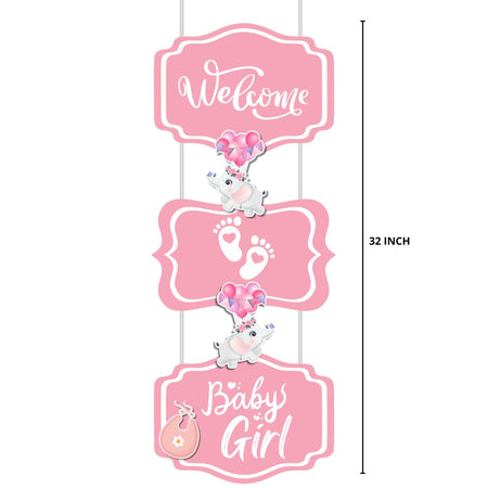 Welcome Baby Girl Door/Wall Hanging Dangler- (32 Inches/250 GSM Cardstock/Pink & White/7Pcs)
