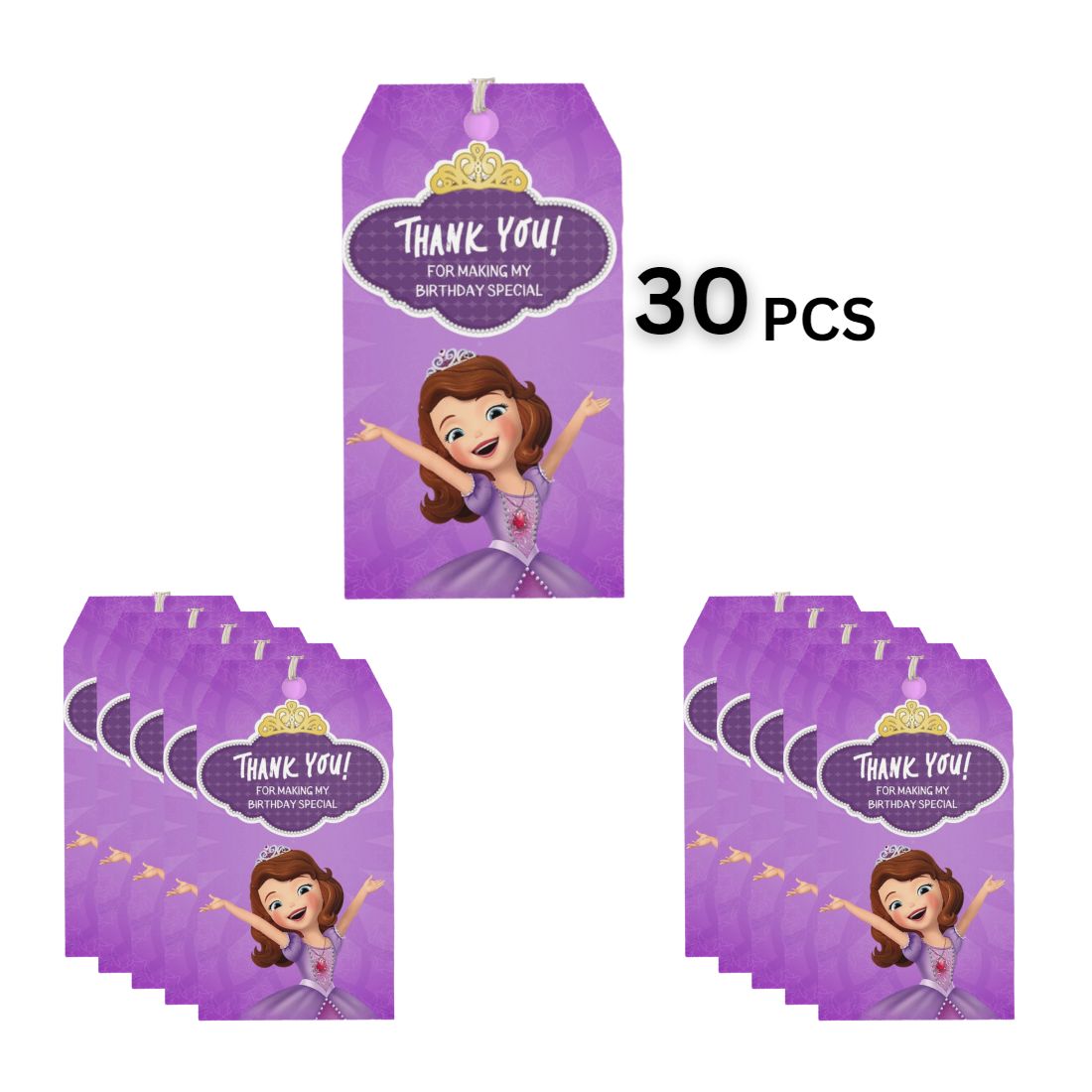 Sofia Theme Birthday Favour Tags (2 x 3.5 inches/250 GSM Cardstock/Brown, purple, white, yellow/30Pcs)