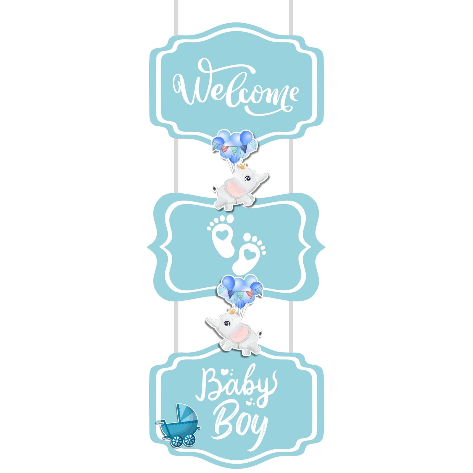 Welcome Baby Boy Door/Wall Hanging Dangler- (32 Inches/250 GSM Cardstock/Blue & White/7Pcs)