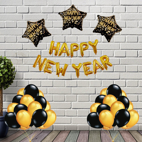 Load image into Gallery viewer, Happy New Year Foil Balloon Gold, Happy New Year Printed Star, Golden Metallic and latex Black Balloon ( 56 Pcs )
