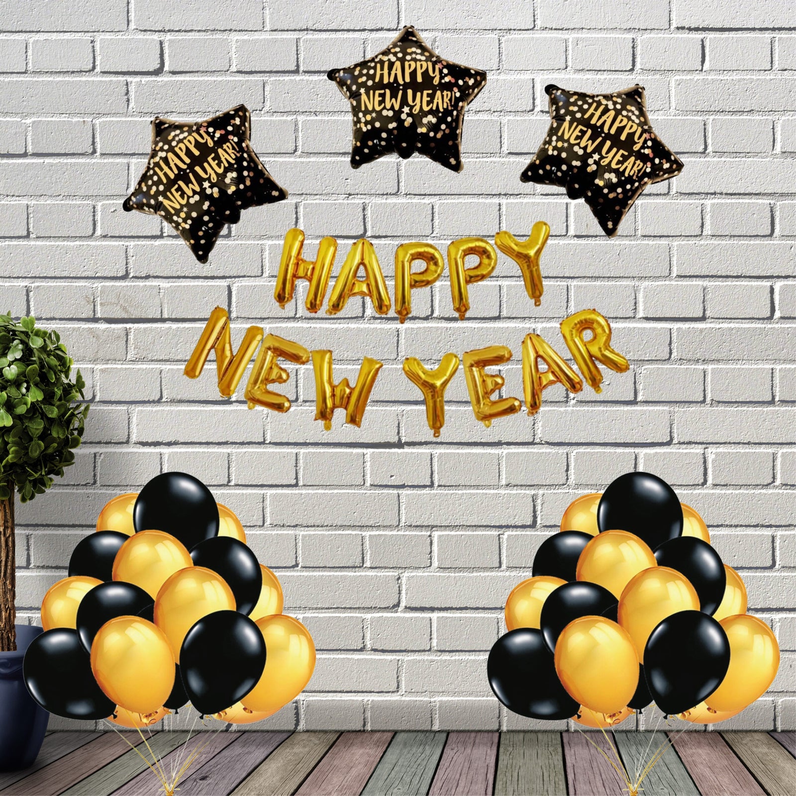 Happy New Year Foil Balloon Gold, Happy New Year Printed Star, Golden Metallic and latex Black Balloon ( 56 Pcs )