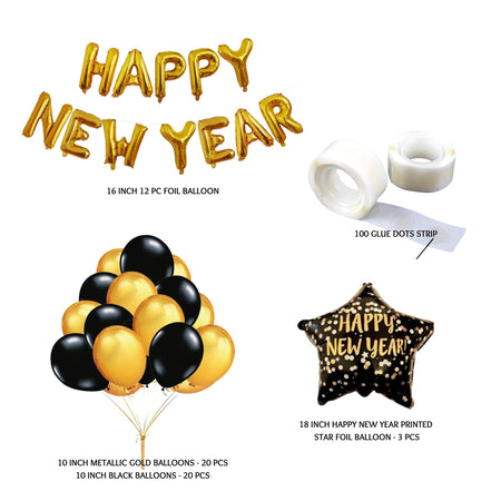 Happy New Year Foil Balloon Gold, Happy New Year Printed Star, Golden Metallic and latex Black Balloon ( 56 Pcs )