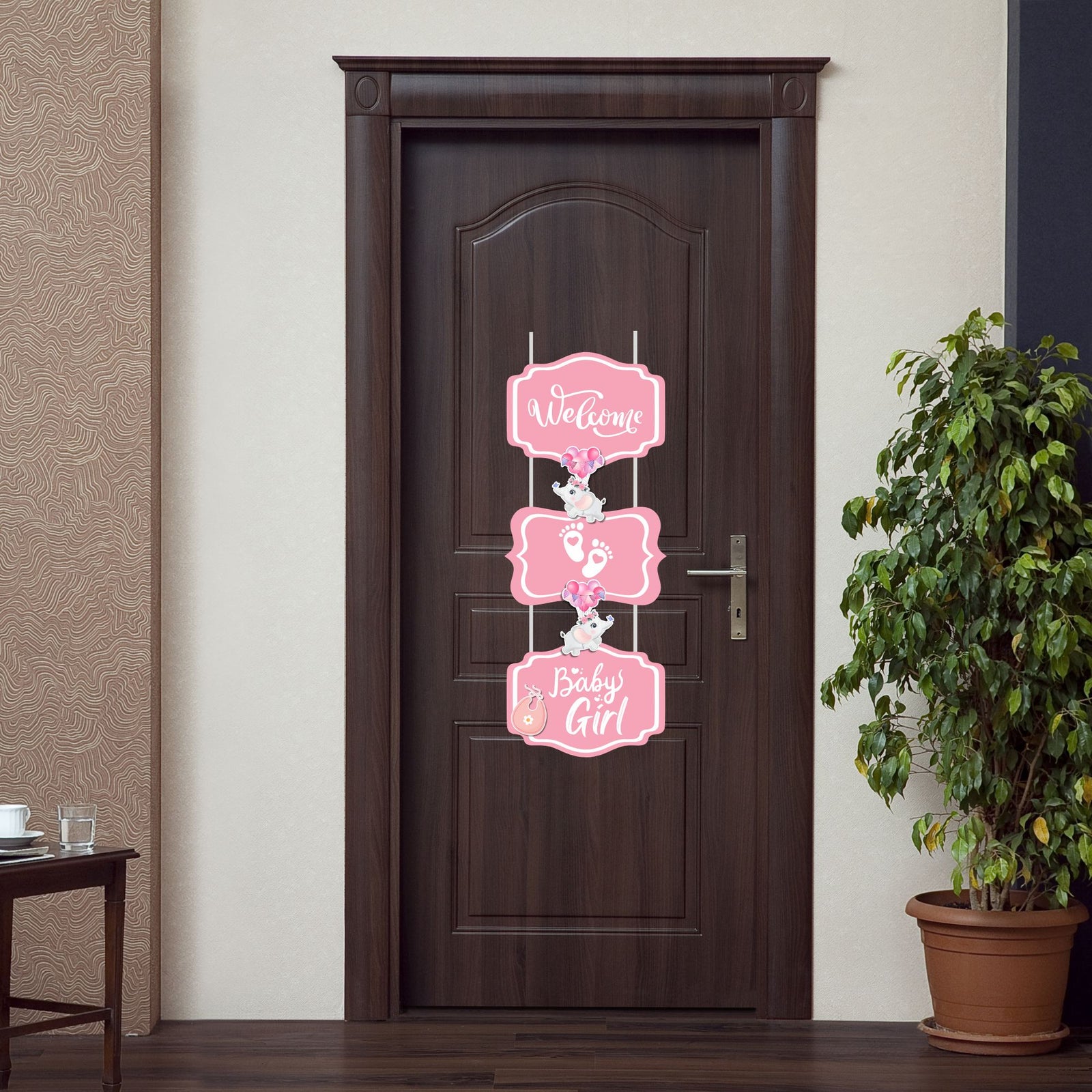 Welcome Baby Girl Door/Wall Hanging Dangler- (32 Inches/250 GSM Cardstock/Pink & White/7Pcs)