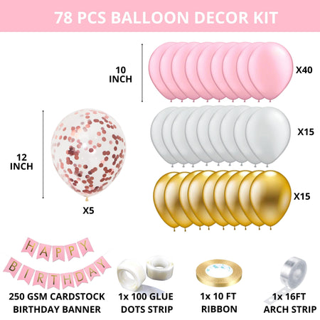 Pink Latex Balloon, Gold Metallic Balloon, Silver Metallic Balloon, RoseGold Confetti Balloon & Pink Happy Birthday Banner (120 Pcs)