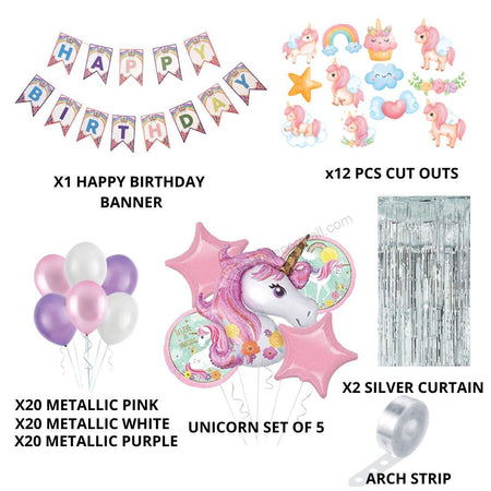 Unicorn Theme Balloon Decor DIY Kit, Balloon, Birthday Banner, Cutouts, Foil Balloons, Backdrop Fringe Curtain - (Pink) (81 Pcs)