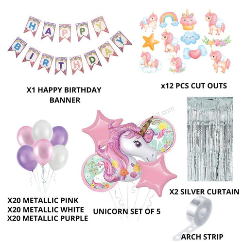 Load image into Gallery viewer, Unicorn Theme Balloon Decor DIY Kit, Balloon, Birthday Banner, Cutouts, Foil Balloons, Backdrop Fringe Curtain - (Pink) (81 Pcs)
